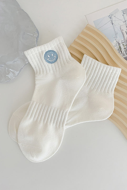 Light Blue Cute Smile Face Embroidered Cotton Socks