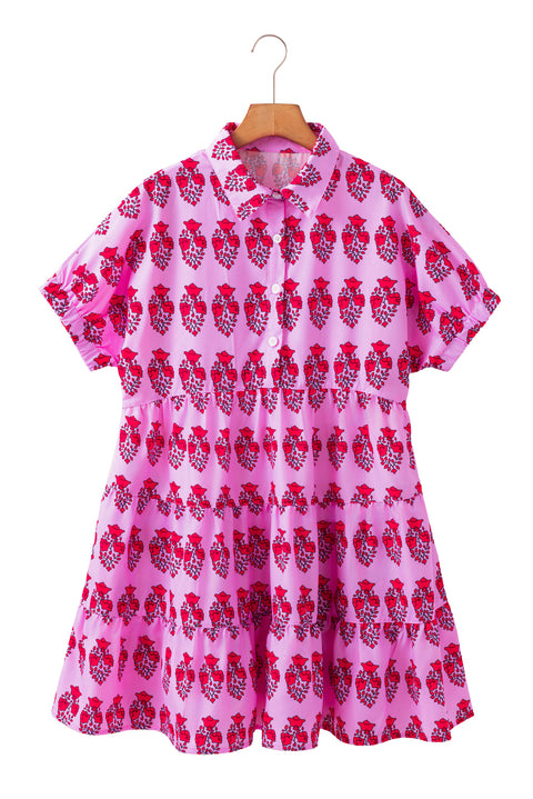 Sachet Pink Floral Print Multi Buttons Collared Short Sleeve Flowy Dress