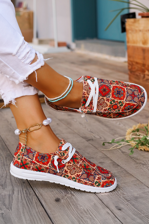 Fiery Red Western Printed Lacing Flat Slip On Shoes