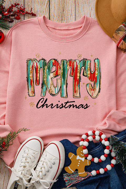 Pink Brushwork Merry Christmas Print Drop Shoulder Sweatshirt