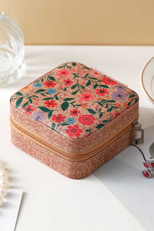 Camel Retro Floral Print Portable Square Jewelry Box