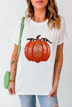 White Sequined Thanksgiving Pumpkin Graphic Cuffed Sleeve T Shirt