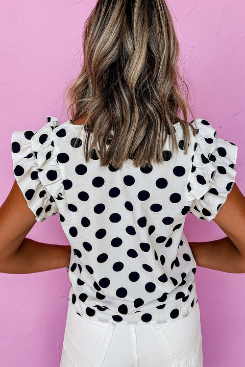 White Polka Dot Print Ruffled Sleeve V Neck Blouse