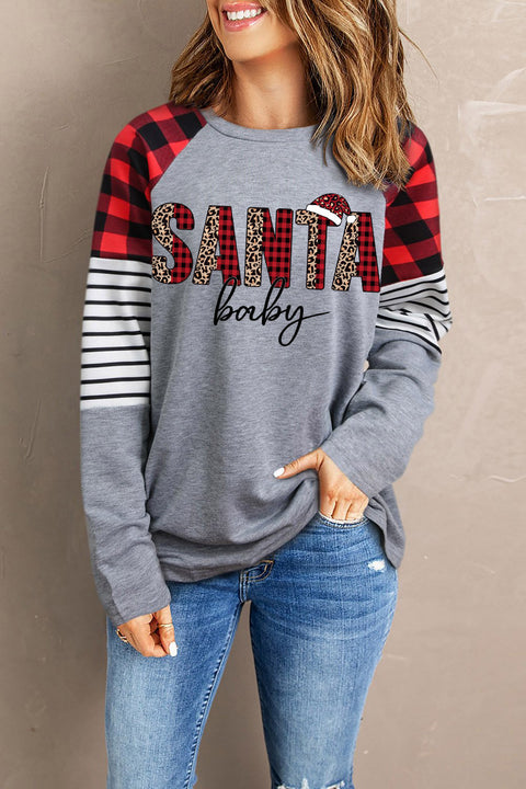 Buffalo Plaid & Stripe Splicing Long Sleeve Top