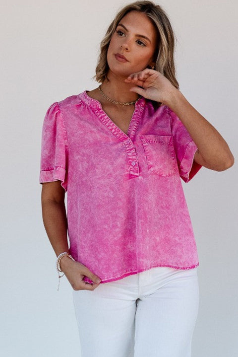 Bright Pink Mineral Wash Split Neck Pocket Patched Denim Top