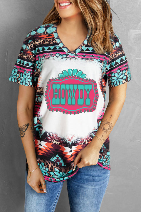 Green Turquoise Aztec HOWDY Graphic V Neck T Shirt