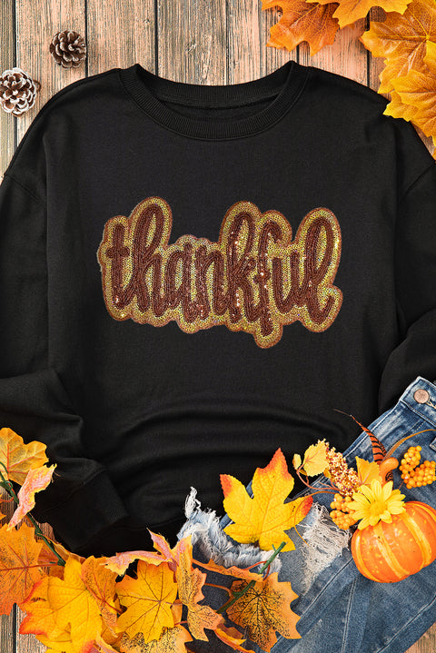 Black Glittering thankful Graphic Drop Shoulder Sweatshirt