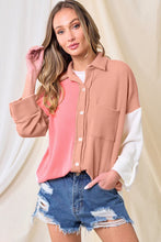 Pink Ribbed Colorblock Drop Shoulder Shirt with Pocket