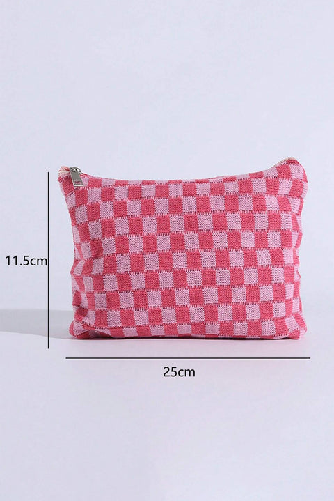 Bright Pink Checkered Print Cosmetic Bag