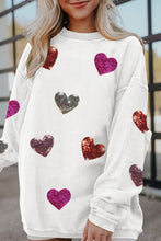 White Valentines Heart Patched Pattern Corded Pullover Sweatshirt