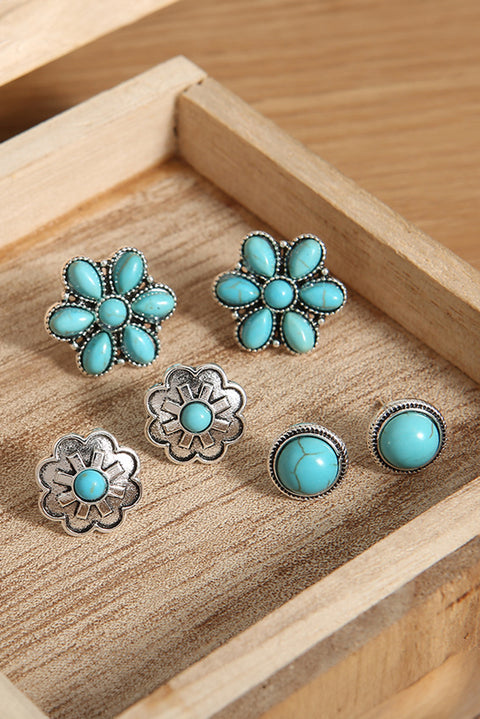 Sea Green 3 Pairs Western Turquoise Stud Earrings