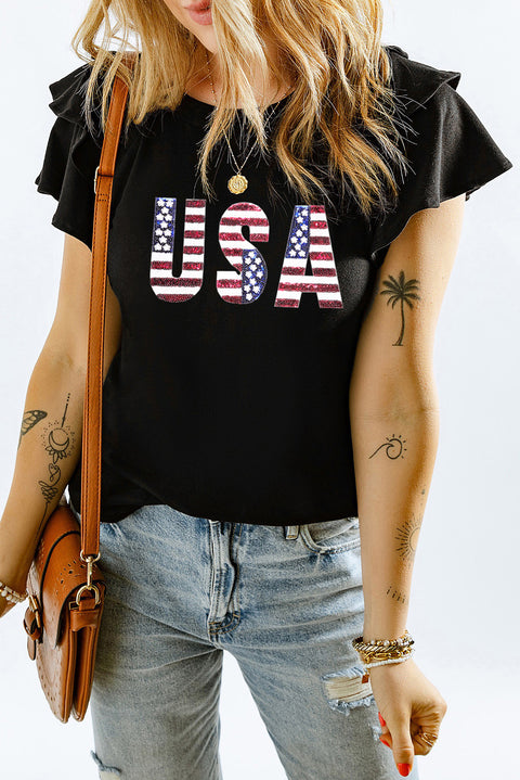 Black Sequined American Flag USA Graphic Ruffled Sleeve Tee