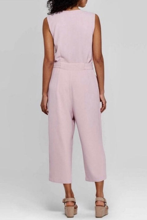 Buttoned Sleeveless Cropped Jumpsuit with Sash