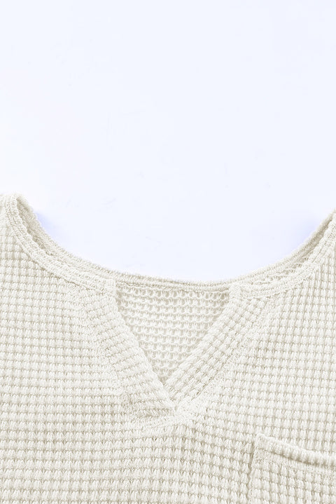 Waffle Knit Split Neck Pocketed Loose Top