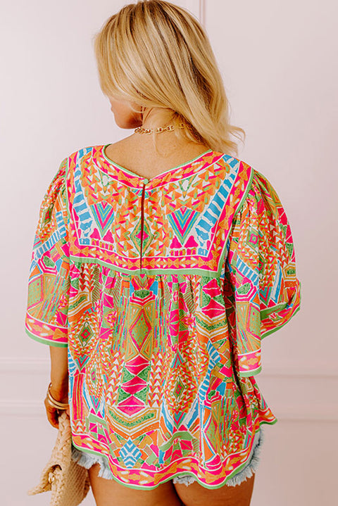 Green Fashion Printed Wide Sleeve Plus Size Blouse