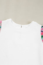 White Abstract Print Tiered Ruffled Sleeve Textured Knit Top