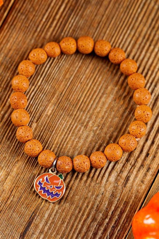 Orange Halloween Pumpkin Face Pendant Beaded Elastic Bracelet