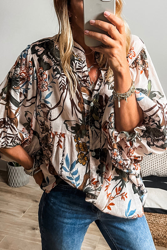 White Floral Print Balloon Sleeves Button Up Loose Casual Shirt