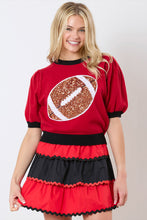 Red Sequin Rugby Color Block Puff Short Sleeve Sweater