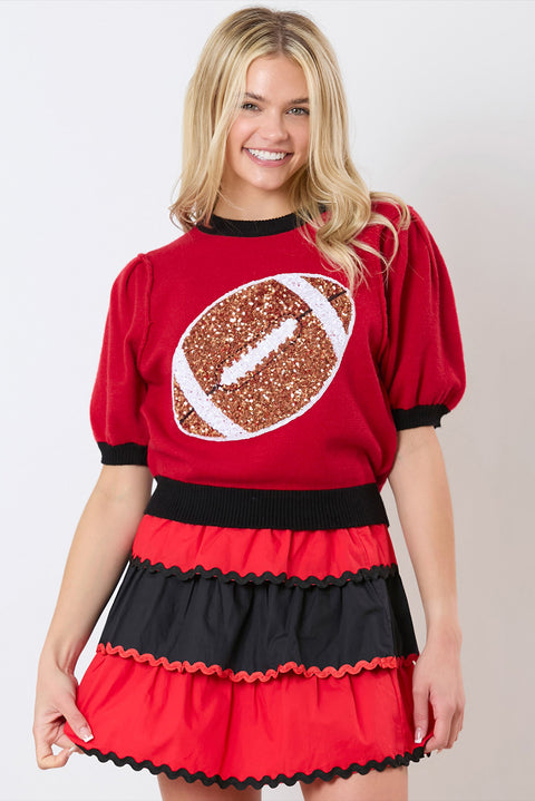 Red Sequin Rugby Color Block Puff Short Sleeve Sweater