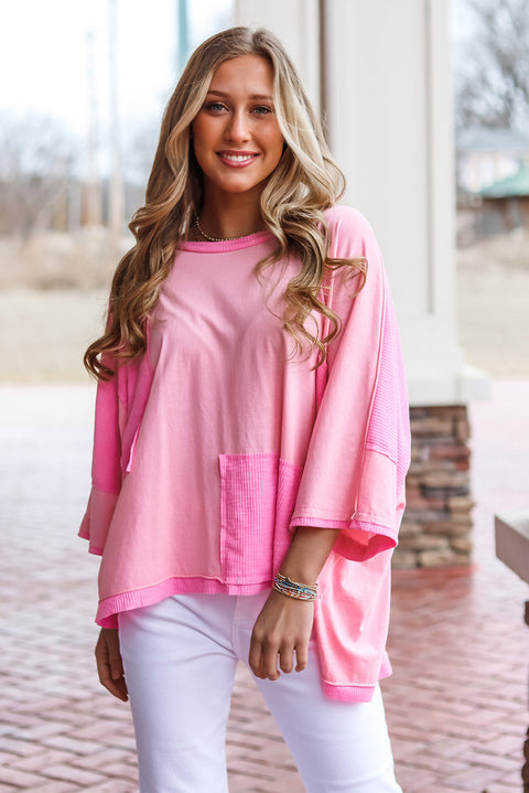 Pink Color Block Patchwork 3/4 Sleeve Loose Top