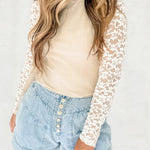 Beige Floral Lace Patchwork Long Sleeve High Neck Slim Top