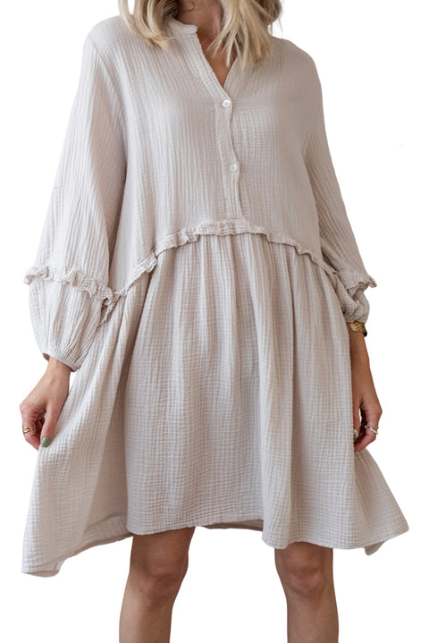 Apricot Frill Trim Half Buttoned Textured Dress