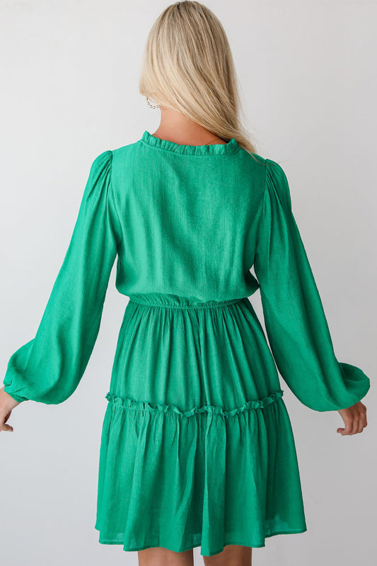 Sea Green Frilly V Neck Puff Sleeve Drawstring Shift Mini Dress