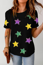 Black Colorful Sequin Stars Patched Relaxed T Shirt