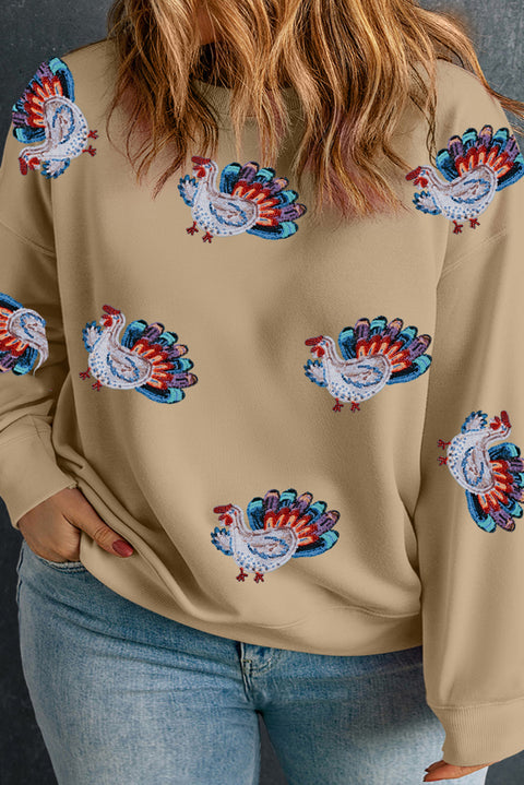 Apricot Thanksgiving Turkey Patched Graphic Plus Size Sweatshirt