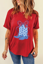 Red Western Star Boots Bow Knot Print Crew Neck T Shirt