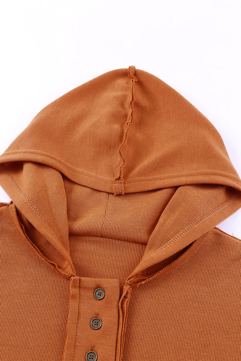 Casual Button Solid Patchwork Trim Hoodie