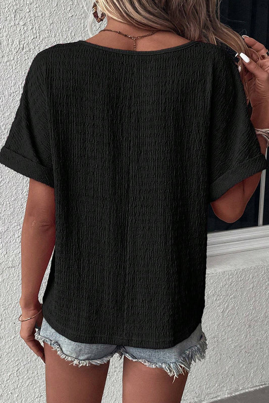 Black Textured Rolled Short Sleeve V Neck Blouse