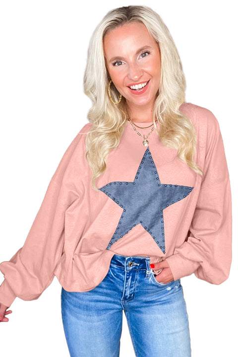 Gossamer Pink Studded Star Graphic Oversized Long Sleeve Top