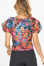 Orange Floral Print Puff Sleeve Ruched V Neck Blouse