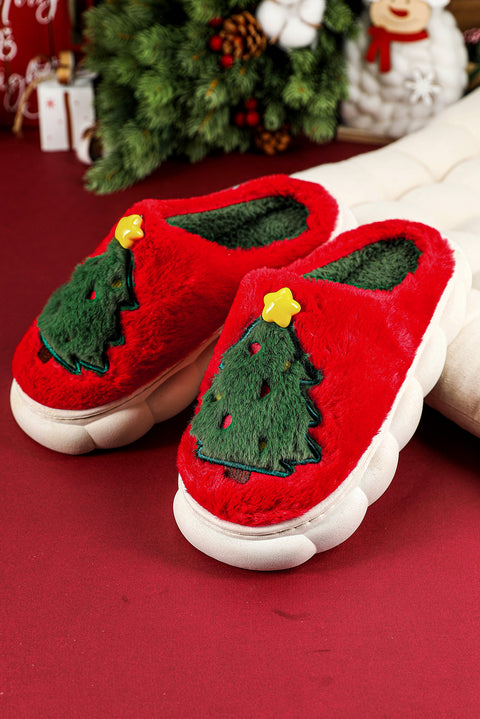 Fiery Red Christmas Tree Graphic Thick Sole Plush Slippers