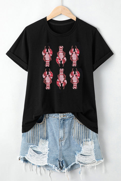 Black Sequin Crawfish Graphic Western Fashion T Shirt