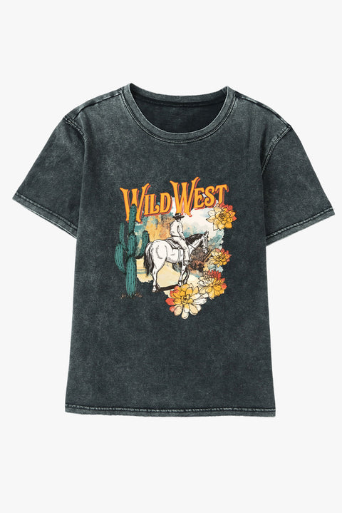 Black Wild West Western Pattern Print Mineral Wash T Shirt