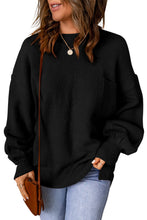 Black Solid Color Puffy Sleeve Pocketed Sweater