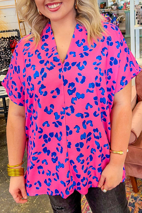 Rose Contrast Leopard Print Plus Size V Neck Blouse