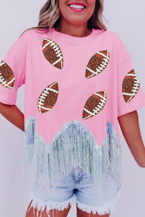 Pink Sequined Rugby Fringe Hem Cropped T Shirt