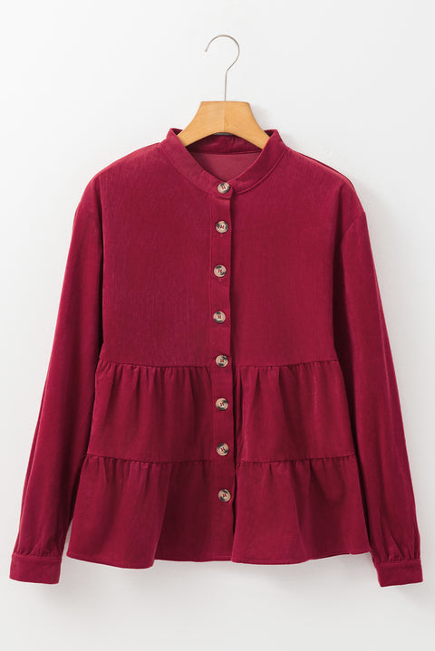 Burgundy Corduroy Ruffle Tiered Buttoned O Neck Shirt