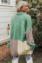 Green Colorblock Draped Open Front Chunky Cardigan