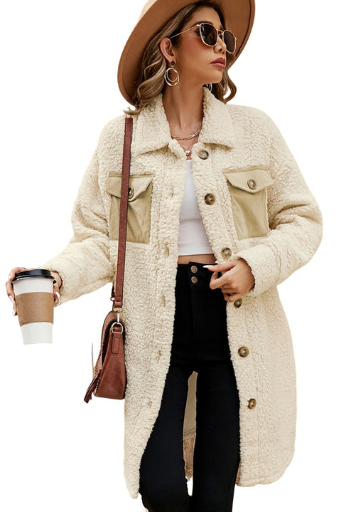 Beige Contrast Flap Pocket Single Breasted Teddy Coat