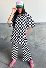 Black Checkered Print Half Sleeve Tunic Top and Flared Pants Set