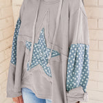 Beau Blue Floral Patchwork Star Pattern Drawstring Hoodie