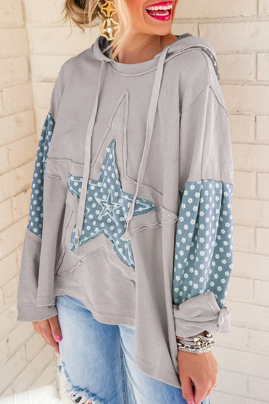 Beau Blue Floral Patchwork Star Pattern Drawstring Hoodie