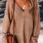 Dark Brown Loose Eyelet V Neck Drop Shoulder Sweater