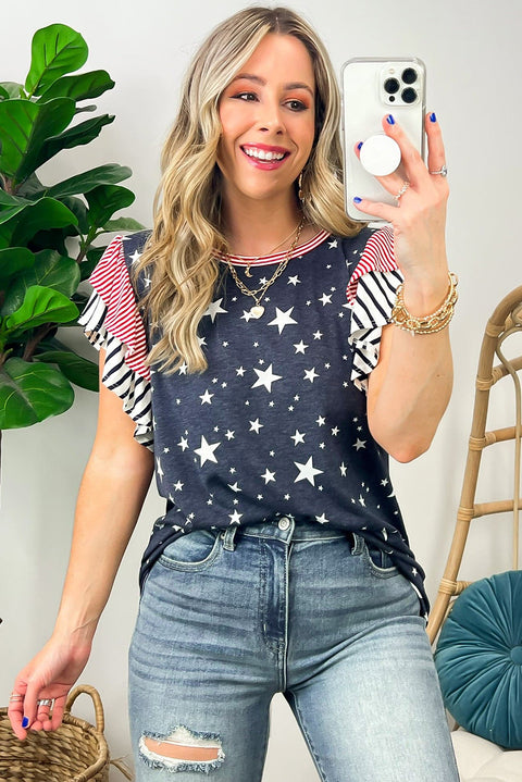 Gray Striped Ruffled Sleeve Star Print T Shirt