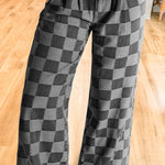 Dark Grey Checkered Denim Wide Leg Jeans